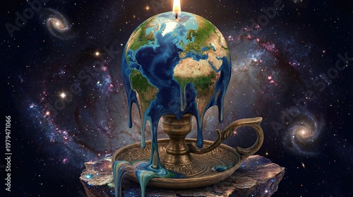 Melting Earth Candle on Antique Holder in Outer Space Concept