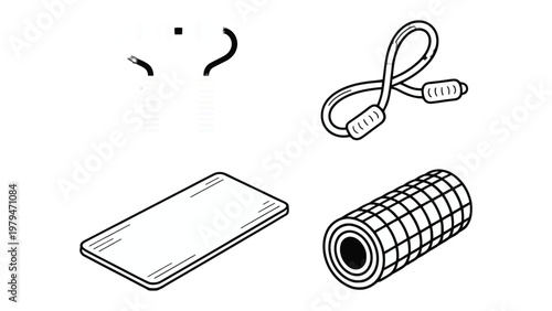 Essential Home Gym Elements: A minimalist illustration of essential workout equipment including resistance bands, yoga mat, charging cable, and a small cable. perfect for fitness goals