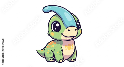 Cute cartoon dinosaur with blue crest and big eyes.