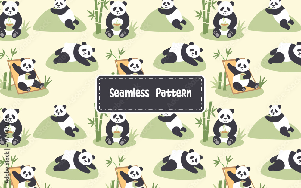 Fototapeta premium Cute cartoon panda seamless pattern illustration.