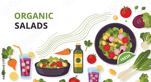 Healthy food background featuring organic salads, fresh vegetables, and fruit juice on a white surface with text.