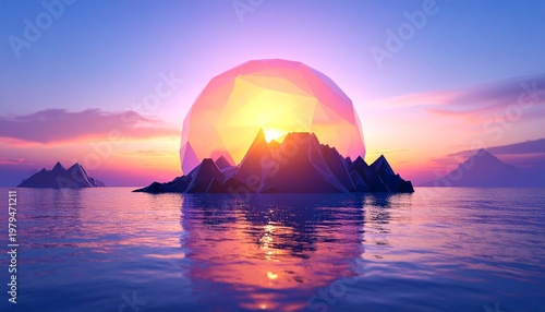 Abstract Low Poly Landscape Sunset with Large Geometric Glowing Sphere