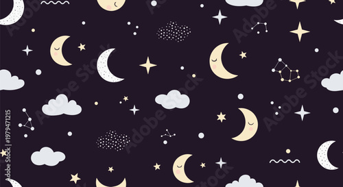 Seamless pattern of cute crescent moons, stars, and clouds on a dark night sky background for children's design.