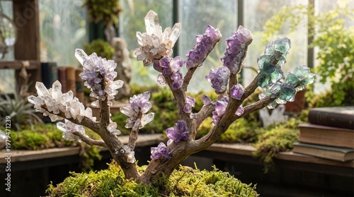 Bonsai Tree With Amethyst Quartz And Fluorite Crystal Formations On Branches