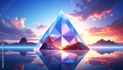 Abstract Geometric Glass Pyramid Landscape Background with Sunset Clouds