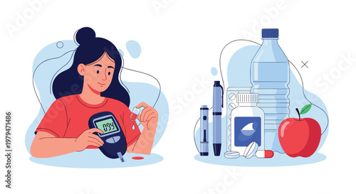 Young woman checking her blood sugar with a glucometer and showing essential items for diabetes management and a healthy lifestyle.