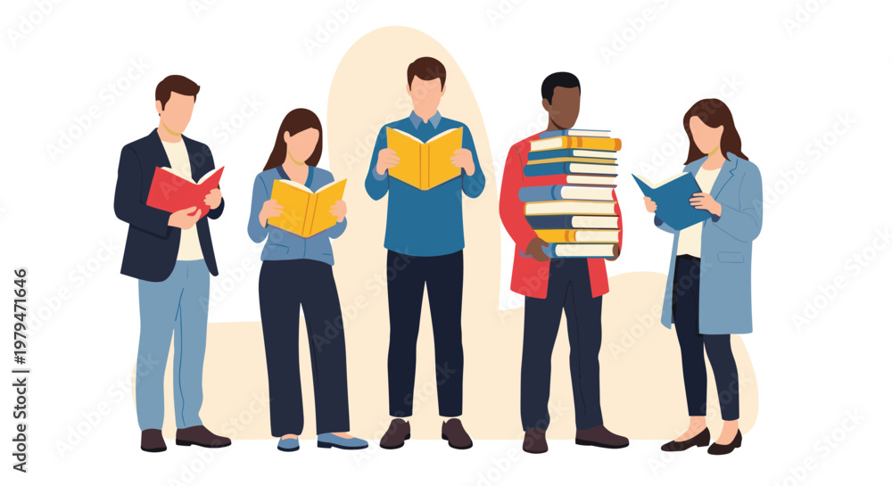 Obraz premium Diverse group of young students standing together and engaged in reading various books representing global education and knowledge sharing.