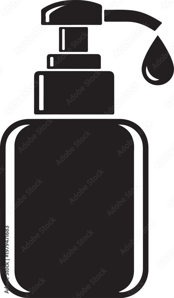 Obraz premium Black silhouette icon of a liquid soap dispenser bottle with a single drop falling from the nozzle.