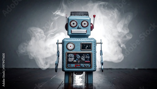 Vintage Robot Stands Proudly Amidst a Swirling Cloud of Smoke.