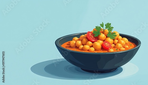 Bowl of chickpea curry with tomatoes and parsley. Indian dish illustration with vibrant orange sauce. Simple food art for menus, blogs, or presentations about cuisine.