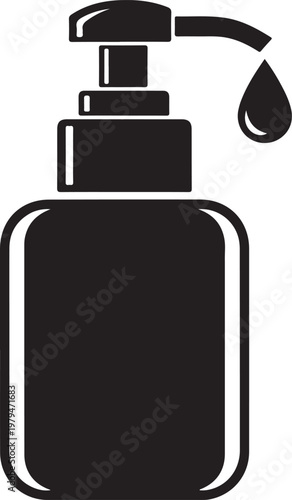 Black silhouette icon of a liquid soap dispenser bottle with a single drop falling from the nozzle.