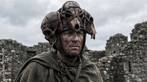 Medieval Warrior Wearing Skull Helmet and Wool Cloak in Stone Ruins