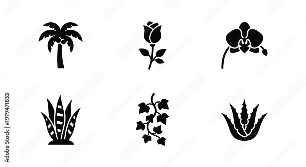 Obraz premium Minimalist plant icon set with 6 black vector elements, botanical silhouettes of palm tree, rose, orchid, snake plant, ivy, and aloe vera