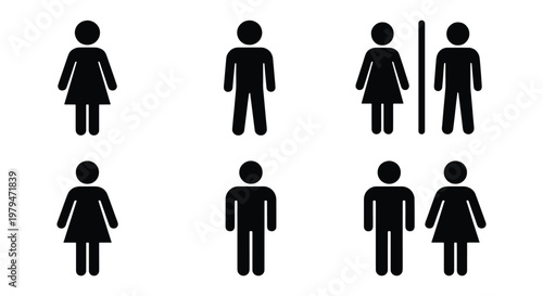 Restroom sign icons set, male and female toilet symbols, black gender pictograms for washroom navigation, bathroom door signage vector