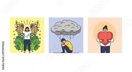 Series of illustrations depicting different emotional states including blossoming growth, depression under a rain cloud, and self-love.