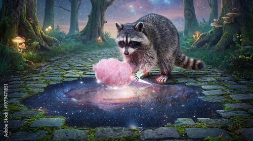 Raccoon Washing Pink Cotton Candy in a Galaxy Puddle on a Cobblestone Path