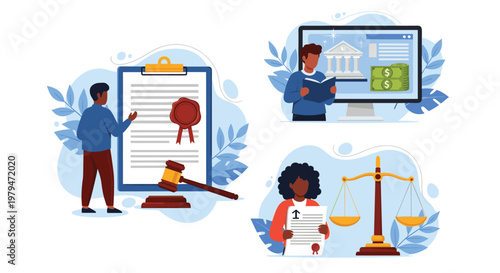 Legal and financial services concept featuring symbols of law like justice scales and gavels alongside various banking and insurance documents.