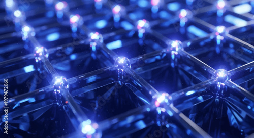 Close-up view of a glowing blue network grid with interconnected light points, representing data or technology.