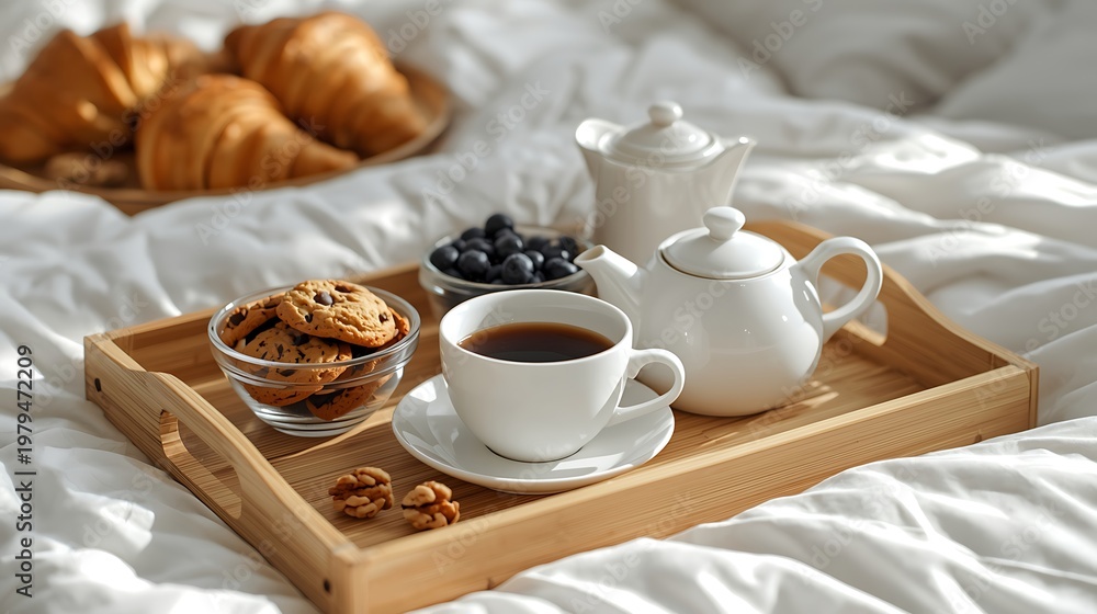 Fototapeta premium Delicious Breakfast Tray with Croissants Coffee and Cookies on Bed.