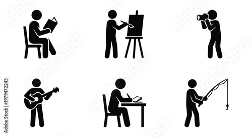 Stick figure hobby icons set, black silhouette people engaged in leisure activities, 6 vector elements of creative and outdoor interests