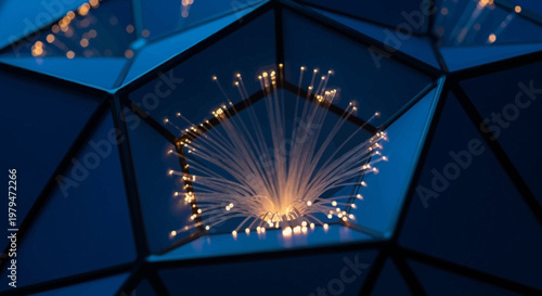 A close-up view of glowing fiber optic strands fanning out from a central point against a dark blue geometric background, symbolizing data and connectivity.