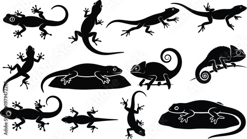 Lizard and Chameleon Vector Icon Set Featuring Silhouettes of Geckos, Lizards, and Reptiles in Various Poses for Wildlife, Nature, and Animal Illustrations