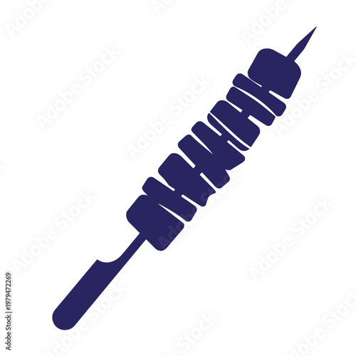 Dark blue silhouette of a kebab on a skewer, isolated on white background, food meat barbecue