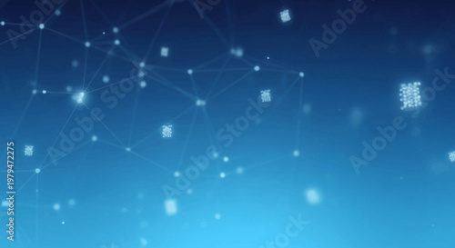 Abstract blue background with glowing network connections and digital data elements.