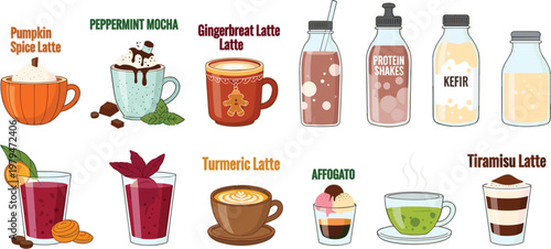 Colorful Beverage Icon Set with Smoothies, Latte Coffee, Affogato Dessert and Herbal Drinks in Flat Illustration Style