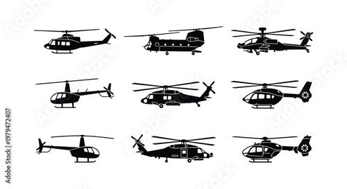 Military helicopter silhouette set, 9 black aviation vector icons, transport aircraft collection, emergency and combat chopper side view graphics