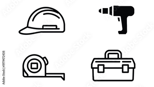 Construction Tools in Minimalism: A minimalist illustration of essential construction tools, including a hard hat, a drill, a measuring tape, and a toolbox, arranged with clean lines.