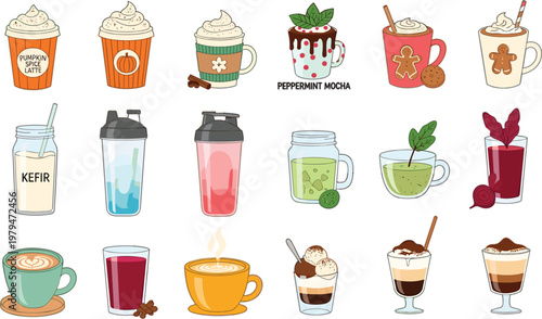 Coffee and Dessert Beverage Icon Set with Latte, Espresso, Juice, Cappuccino and Ice Cream Drinks in Flat Style