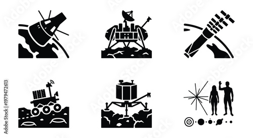 Space exploration icon set, black and white lunar mission vector graphics, 6 astronomy elements featuring moon lander, rover, and spacecraft