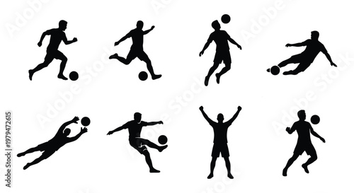 Soccer player silhouettes set, 8 football athlete vector icons, black figures of men playing soccer, goalkeeper and striker action poses