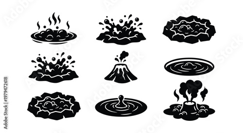 Volcano and geyser icon set, black and white vector illustrations of volcanic eruptions, bubbling mud pots and thermal hot springs, 9 elements