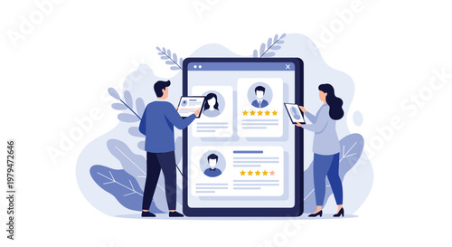 Professional recruitment and talent search concept featuring people evaluating candidate profiles and ratings on a large digital tablet.