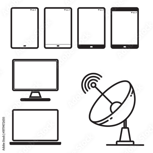 Minimalist technology icon set featuring tablets, laptop, monitor, and satellite dish. Professional black line vector graphics for web, mobile apps, and telecommunications. Fully editable EPS.