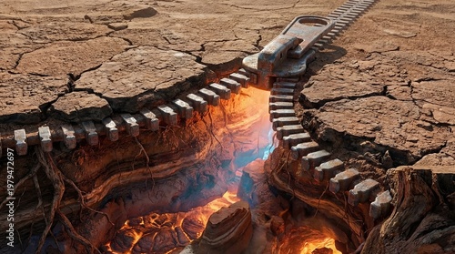 Giant Zipper Opening Cracked Dry Earth Revealing Fiery Glowing Chasm