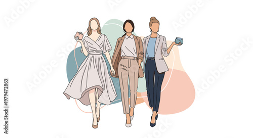 Professional group of businesswomen in stylish corporate attire walking together, representing female empowerment and success.