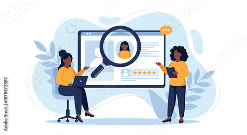 Human resources and talent acquisition concept with people using a magnifying glass to evaluate candidate profiles on a large monitor screen.