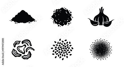 Black silhouette spice icons set, culinary seasoning and herb vector elements, garlic and seeds collection for restaurant menu design