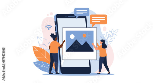 Digital content and social media sharing concept featuring people displaying a large picture frame in front of a giant mobile smartphone.