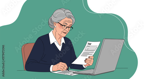 Senior woman sitting at her desk and carefully reviewing tax documents and financial reports using her laptop at her home office.
