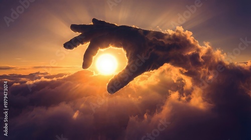 Giant Cloud Hand Grabbing The Glowing Sun In Dramatic Sunset Sky