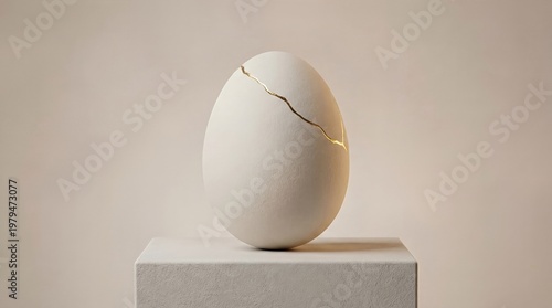 Cracked White Egg with Glowing Gold Inside on a Stone Pedestal