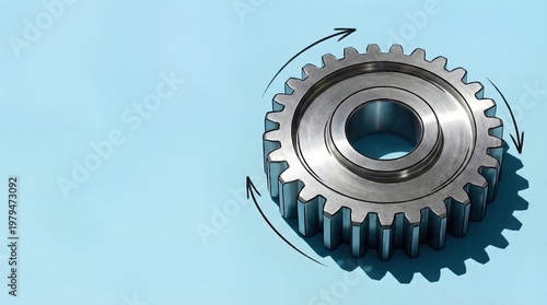 Metal Gear Cogwheel with Rotation Arrows on Blue Background