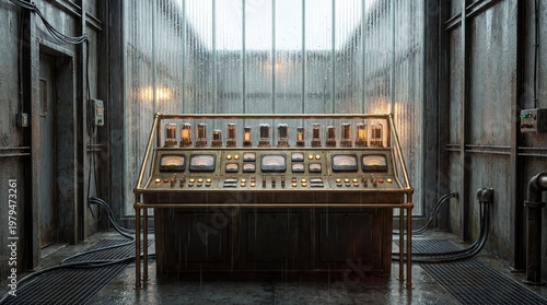 Steampunk Control Panel with Glowing Vacuum Tubes in a Rainy Industrial Room