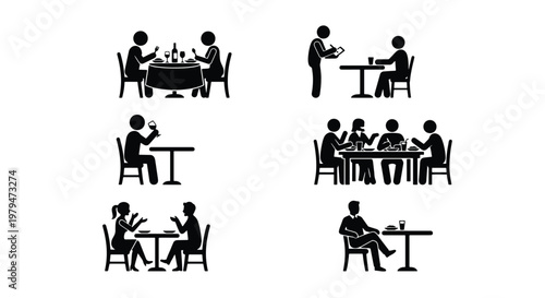 Restaurant dining stick figure icons, people eating at tables vector set, black silhouette cafe customers and waiter pictograms for menu design