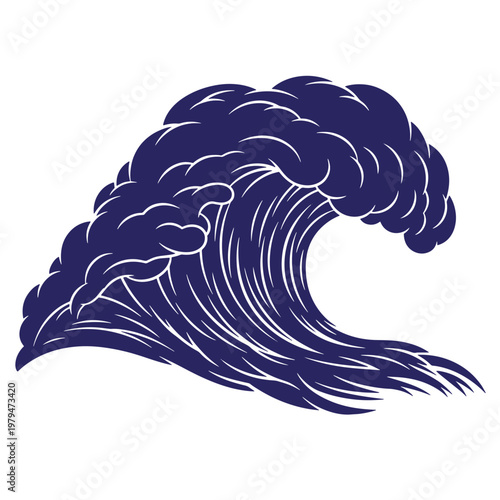 Dark blue wave, crashing ocean wave, white outline, stylized sea wave crashing wave