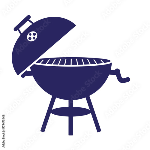 Dark blue, open grill barbecue with lid, on white background, cooking outdoor